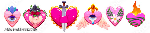 Mexican sacred hearts set isolated on white background. Vector cartoon illustration of tattoo love and hope symbols with eye, fire, sword, wings, flower and colorful ornament, hispanic culture art
