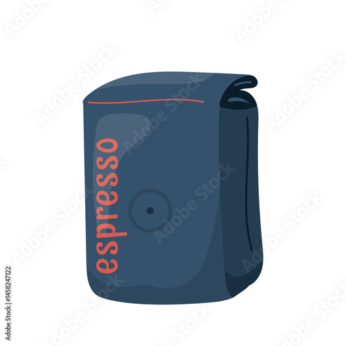 Rectangular espresso coffee pack in flat style. Minimal modern packaging with valve, dark color and bold lettering. Ideal for branding, design, cafe menu. Coffee bean bag. Flat vector illustration
