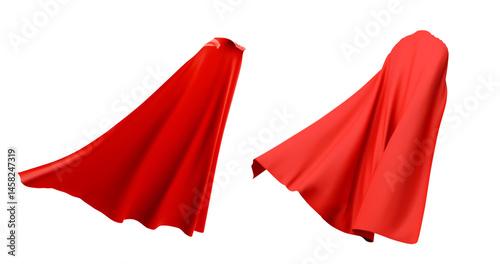 Red super hero cape mockup set angle rear view. Vivid scarlet cloak with draped folds, flowing fabric design for hero or king costume. Blank apparel template for product showcase, merchandise display