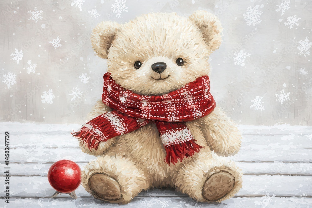 Obraz premium Adorable Soft Teddy Bear with Red Scarf and Christmas Ornament