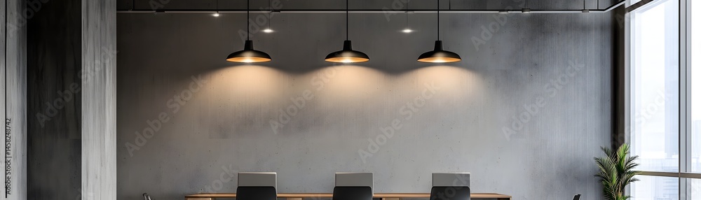 Minimalist interior design with industrial lighting.
