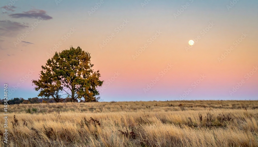 Fototapeta premium Golden sunset over the serene prairie landscape tranquil nature scene rural environment evening viewpoint