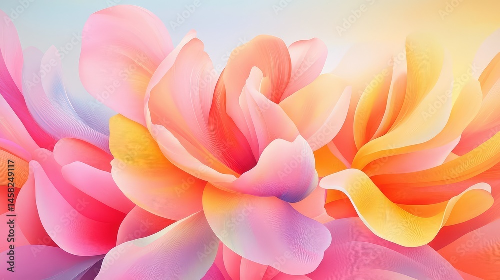Obraz premium Closeup of tulip petals in full bloom, radiant orange and pink tones in sunlit flower field