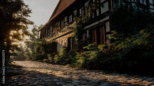 Charming german mansion with a usurious gable roof, timber windows, and cobblestone street under soft sunlight.