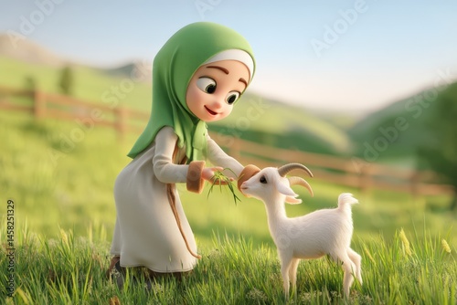 Celebrating Eid Al Adha Festival, 3d cartoon muslim girl in a headscarf is feeding a goat in a grassy field at sunny day.