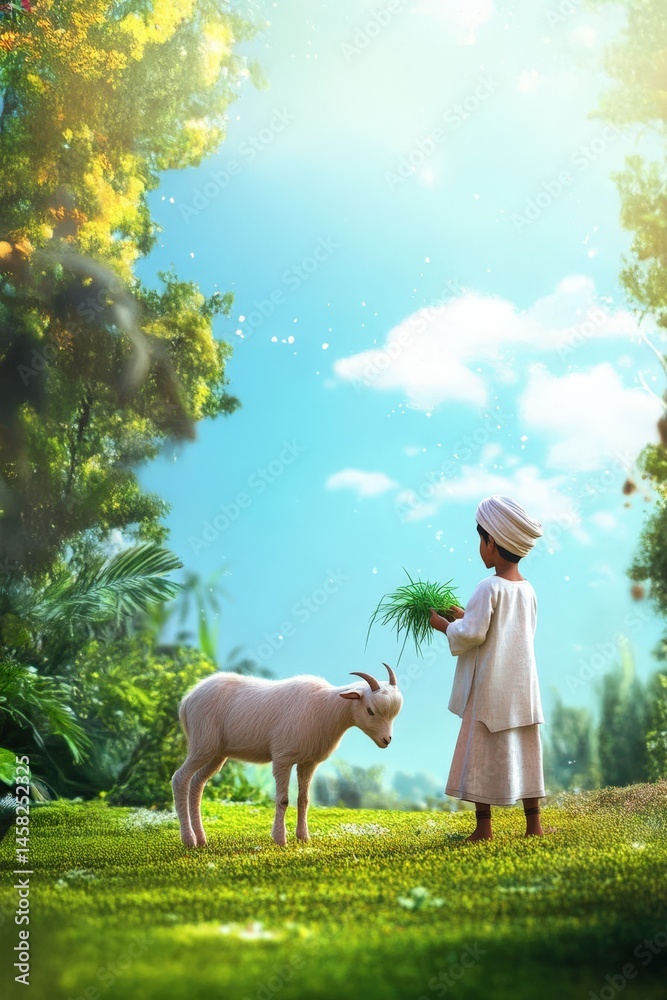 Celebrating Eid Al Adha Festival of Sacrifice, muslim boy in a white robe and hat is feeding a goat in a grassy field.