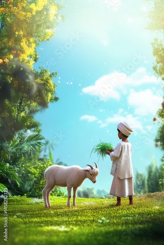 Obraz na płótnie Celebrating Eid Al Adha Festival of Sacrifice, muslim boy in a white robe and hat is feeding a goat in a grassy field. w salonie