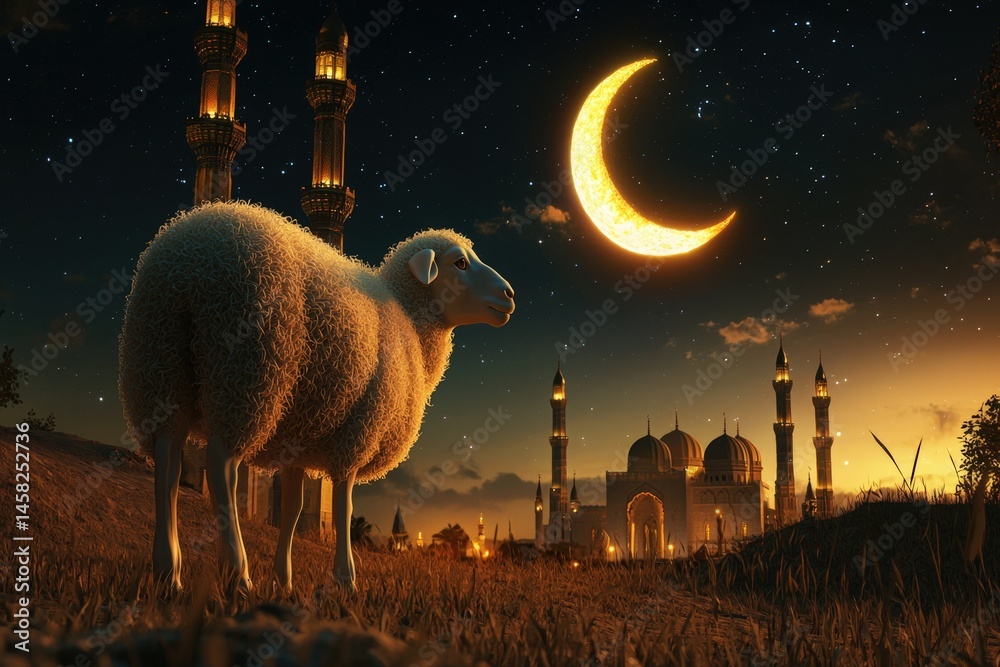 Eid al-Adha Mubarak, islamic festival of sacrifice celebration with 3d illustration of A sheep stands in front of a mosque at night with a crescent moon and stars in the sky.