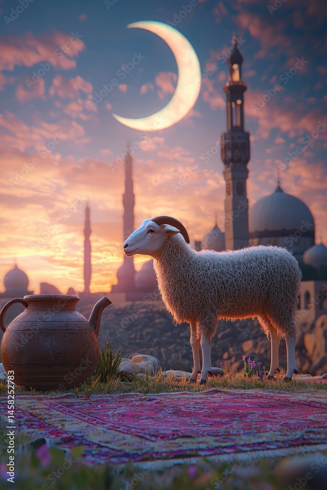 Eid al-Adha Mubarak, islamic festival of sacrifice celebration with 3d illustration of sheep standing next to a pot in front of a mosque at night.