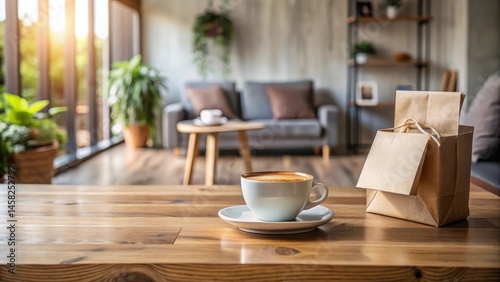 Wallpaper Mural A cup of coffee with a minimalist design on the packaging sits on a plain wooden table in a cozy living room, modern, wood,  modern Torontodigital.ca