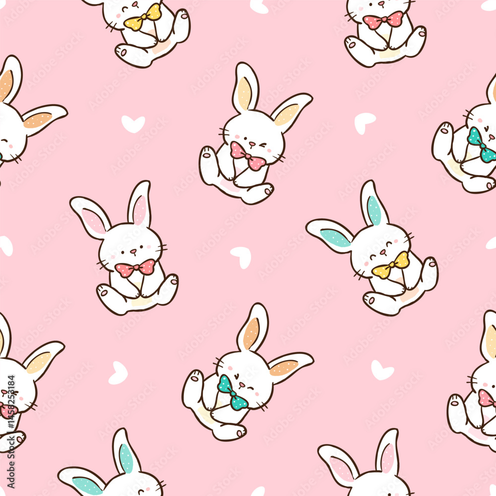 Seamless Pattern with Cute Cartoon Rabiit Design on Pink Background. Hand Drawn Vector Illustration. Seamless Pattern with Cute Cartoon Rabiit Design on Pink Background. Hand Drawn Vector Illustration.