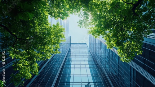 Urban Greenery: Skyscrapers and Lush Trees Reaching for the Sky