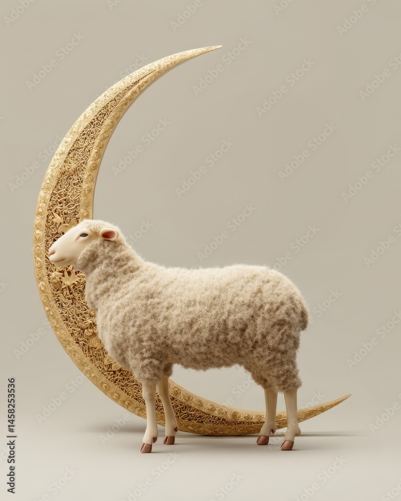 Eid-Ul-Adha Celebration with 3D Rendering Sheep Standing in front of Golden Crescent Moon for The Festival of Sacrifice.