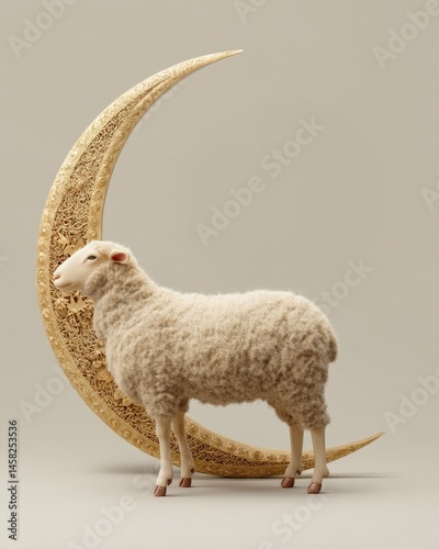 Obraz na płótnie Eid-Ul-Adha Celebration with 3D Rendering Sheep Standing in front of Golden Crescent Moon for The Festival of Sacrifice. w salonie