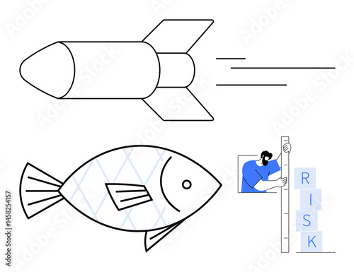 Rocket representing innovation, fish symbolizing balance, person measuring risk. Ideal for business strategy, innovation, balance, risk management, creativity, success simple landing page