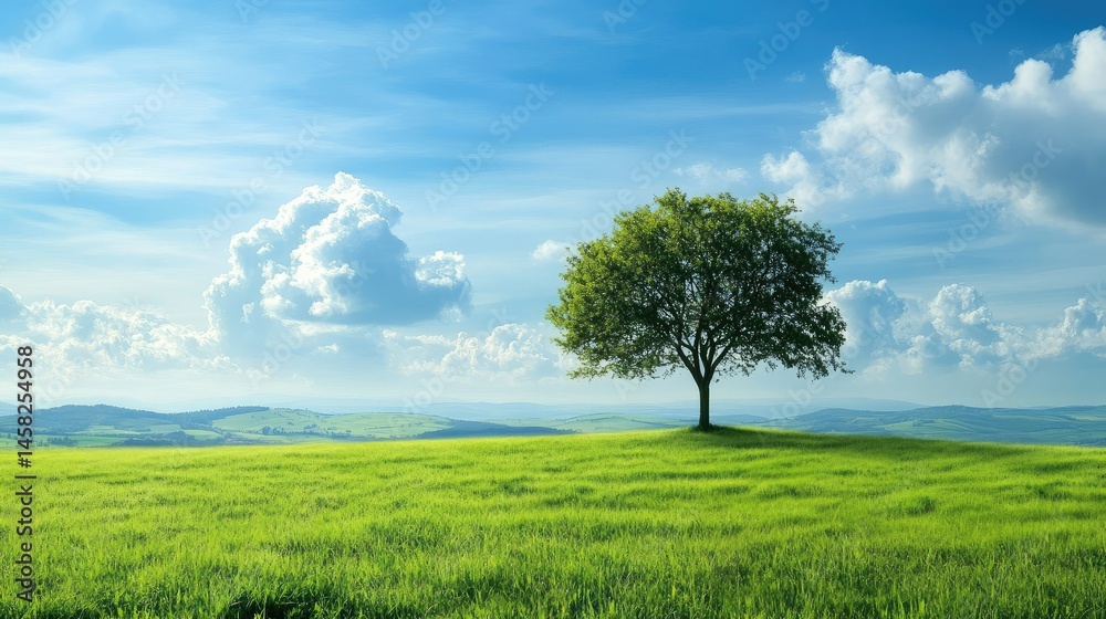 Obraz premium Solitary Tree in Serene Green Field: Idyllic Pastoral Landscape