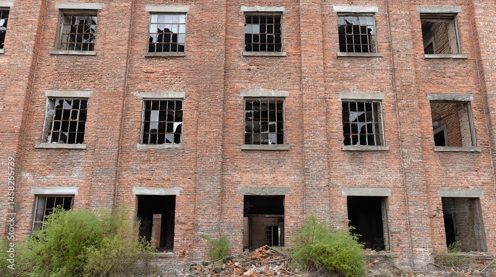 Obraz premium The abandoned multi-story brick factory, with broken glass windows, stands as a testament to urban decay and the economic recession's impact on industrial areas. 