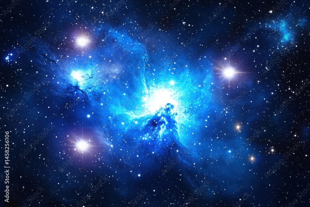 Naklejka premium Ethereal Cosmic Nebula with Bright Stars in Deep Blue Space