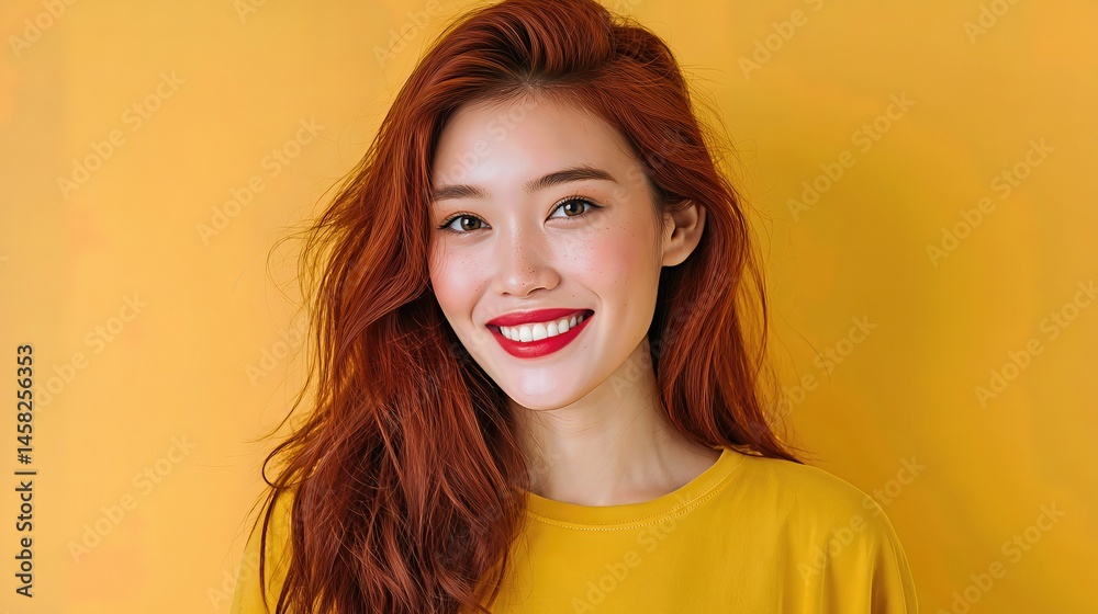 Fototapeta premium Trendy girl with bright red hair and vibrant makeup smiles joyfully, capturing a modern, fashionable vibe with cheerful expression.