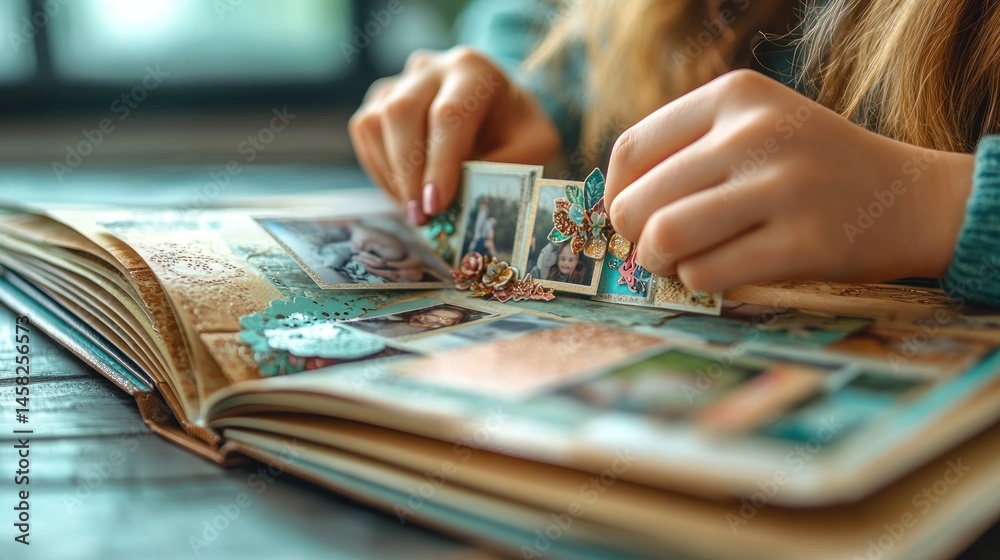 Fototapeta premium Hands arranging photos in scrapbook