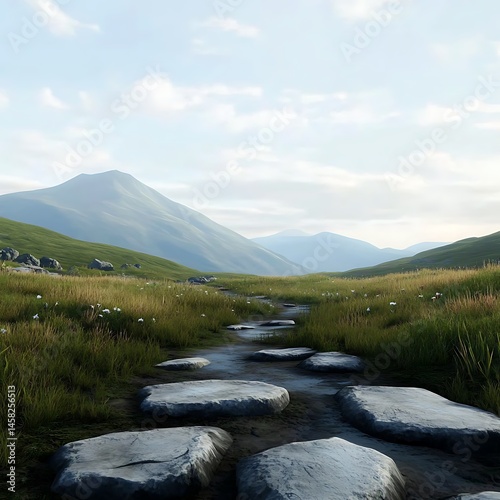 Serene Mountain Valley Path Tranquil Landscape with Stepping Stones Across a Stream