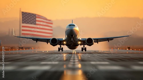 Airplane Taking Off at Sunset with American Flag in Background Stunning Travel and Aviation Photography