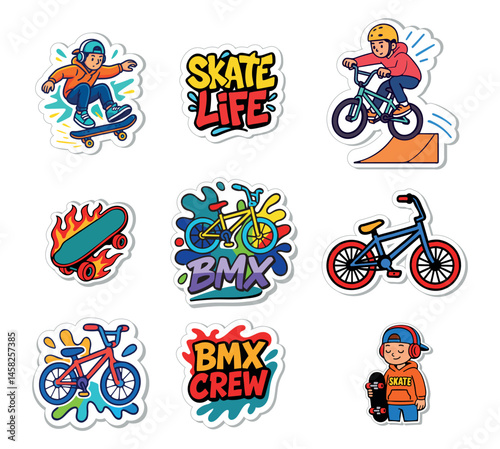 Colorful cartoon stickers of BMX bikes, skateboards, and skaters in fun, urban street style.