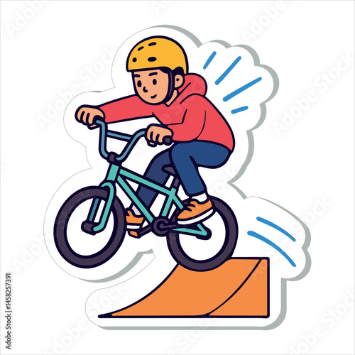 Cute cartoon boy doing BMX stunt on ramp with helmet and hoodie in colorful fun design style.