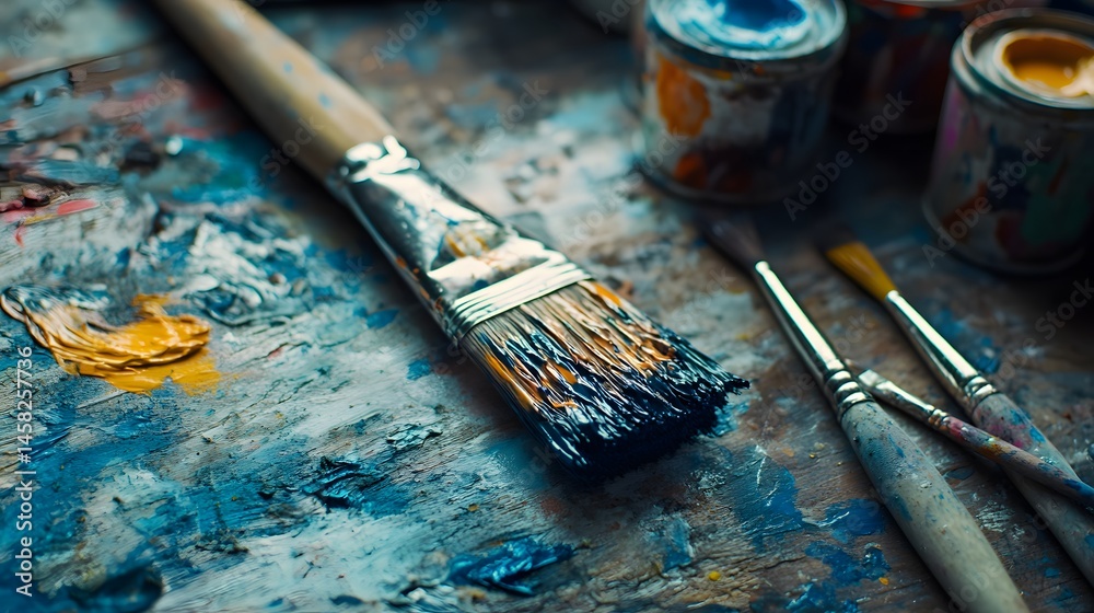 Fototapeta premium A used paintbrush rests on a palette of vibrant hues.