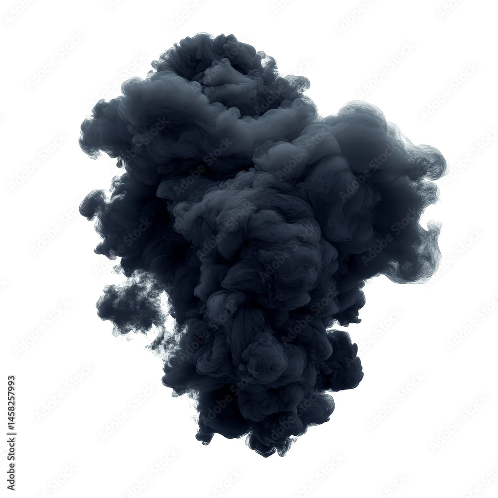 Fototapeta premium Black smoke clouds rise dramatically, creating an isolated focal point on a transparent background, black smoke or clouds isolated on transparent background