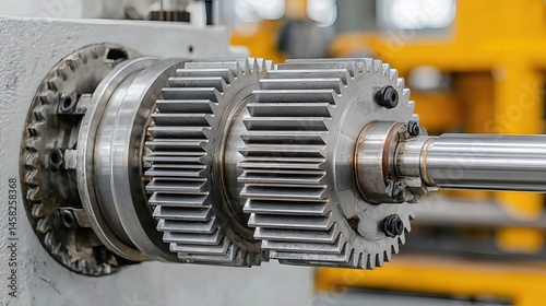Detailed view of metal gears and mechanical components in a helical gearbox, essential for power transmission in automotive and automation systems.
