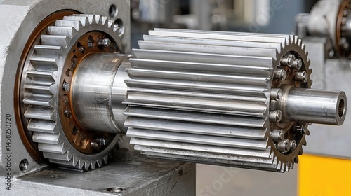 Detailed view of metal gears and mechanical components in a helical gearbox, essential for power transmission in automotive and automation systems.
