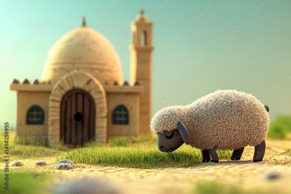 Eid-Ul-Adha Celebration, Islamic Festival of Sacrifice with 3d illustration of sheep feeding grass in front of mosque.