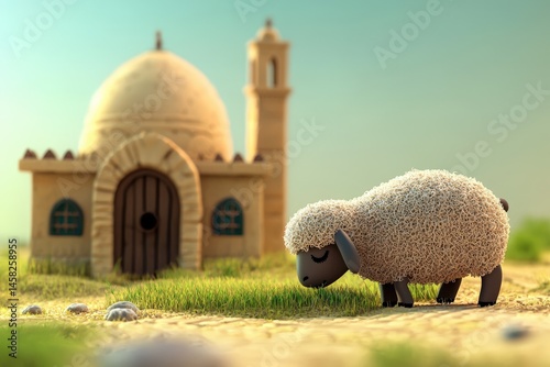 Obraz na płótnie Eid-Ul-Adha Celebration, Islamic Festival of Sacrifice with 3d illustration of sheep feeding grass in front of mosque. w salonie