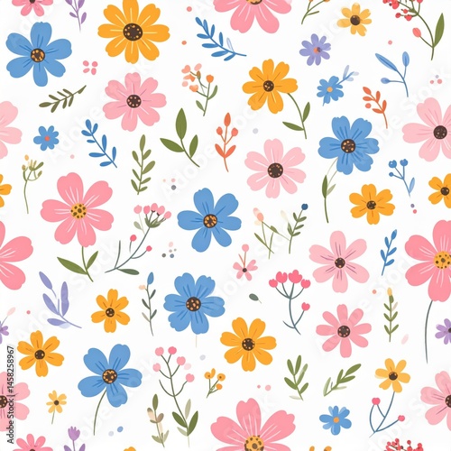 Lovely handdrawn colorful flowers in a seamless pattern, featuring a cute floral design tha