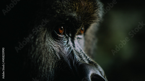 Close up of a gorilla’s expressive face, viewing posture and gentleness