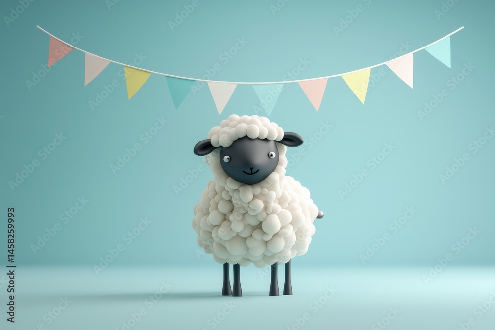 3D Rendering Cartoon Sheep Standing Against Teal Blue Background Decorative with Bunting Flags for Eid Ul Adha Celebration, Islamic festival of Sacrifice.