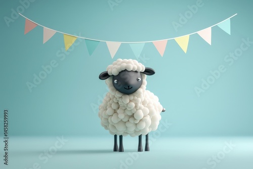 Obraz na płótnie 3D Rendering Cartoon Sheep Standing Against Teal Blue Background Decorative with Bunting Flags for Eid Ul Adha Celebration, Islamic festival of Sacrifice. w salonie