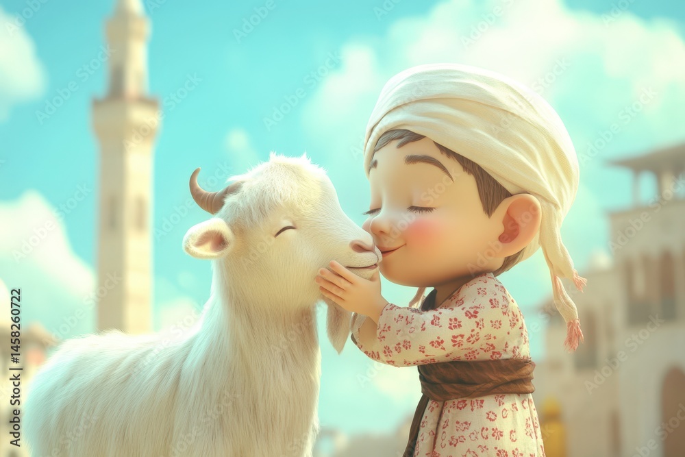 3D Cartoon Muslim Boy Hugging Goat in Front of Mosque for Eid Al Adha Celebration.