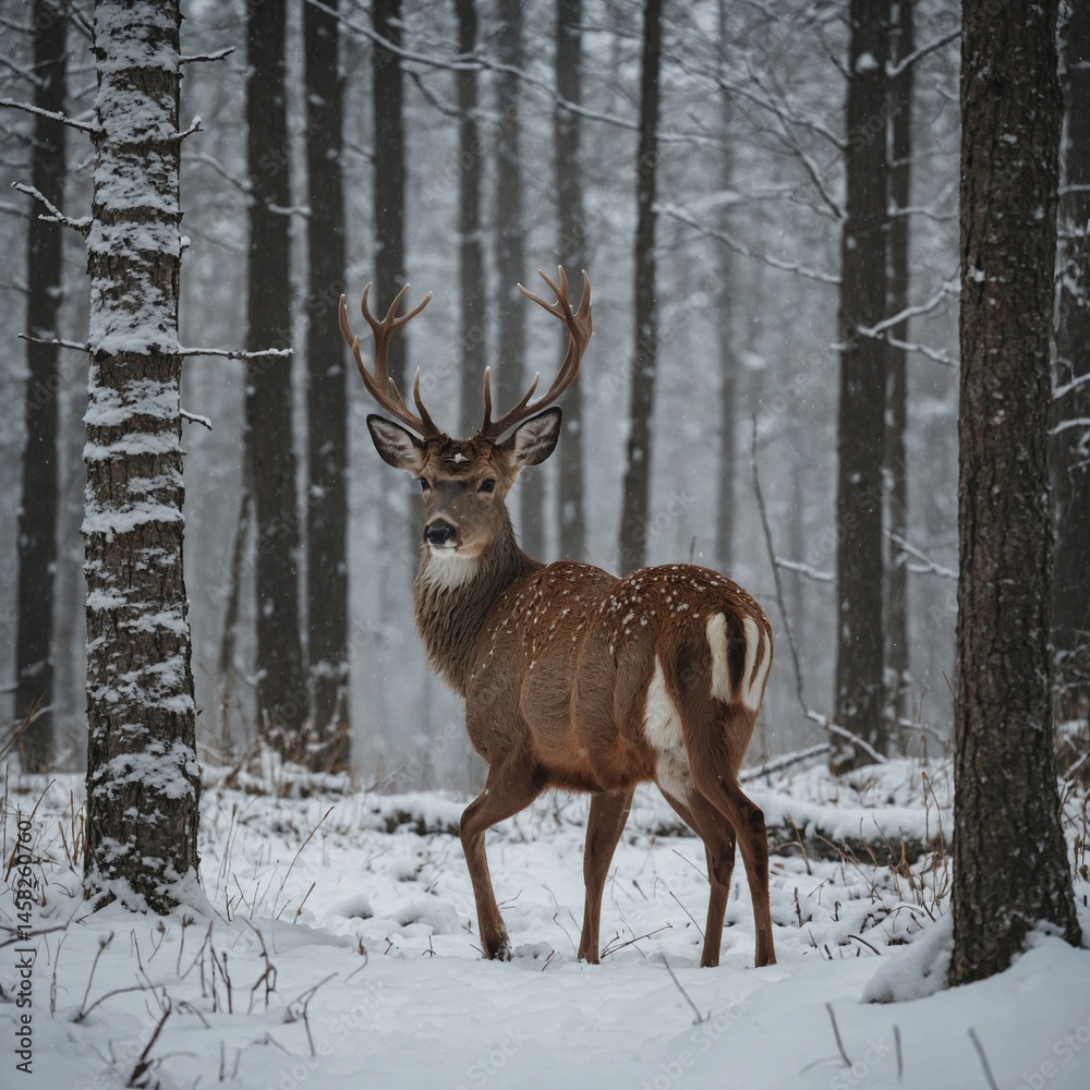  Deer in a Snowy Forest.