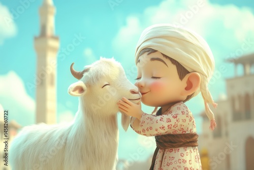 Obraz na płótnie 3D Cartoon Muslim Boy Hugging Goat in Front of Mosque for Eid Al Adha Celebration. w salonie