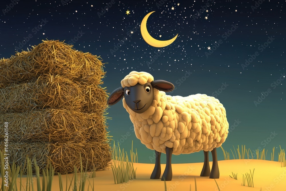 3D Cartoon Sheep and Haystack Under the Crescent Moon for Eid Al Adha Mubarak, Islamic Festival of Sacrifice.