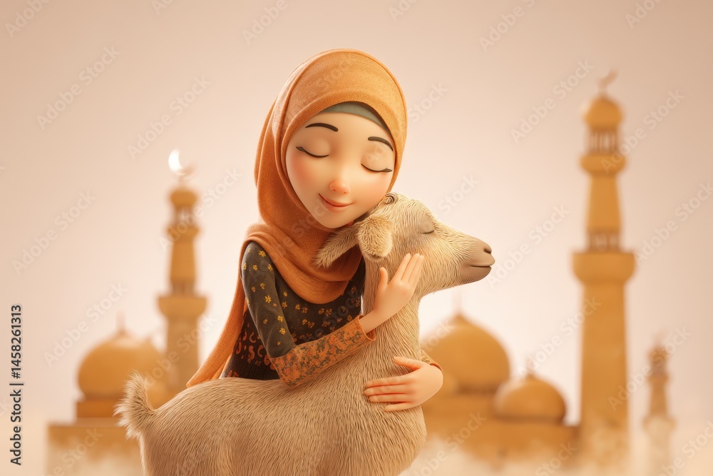 3D Cartoon Muslim Girl Hugging Goat in Front of Mosque for Eid Ul Adha Celebration.