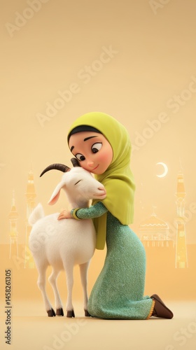 Obraz na płótnie 3D Cartoon Muslim Girl Hugging Goat in Front of Mosque for Eid Ul Adha Celebration. w salonie