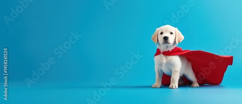 Cute puppy in red superhero cape blue background