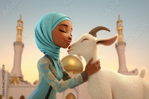 3D Cartoon Young Muslim Woman Kissing a Goat in Front of Mosque for Eid Ul Adha Celebrating Festival of Sacrifice.