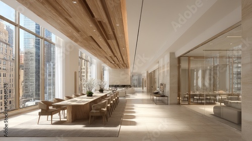 Modern, spacious, light-filled dining area with city views.  Wooden beams, large windows, and neutral tones create a serene atmosphere.  Long communal table
