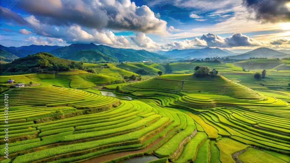 Fototapeta premium Rolling hills with vibrant green rice terraces stretching as far as the eye can see, set against a bright blue sky with fluffy white clouds , aerial view, landscape