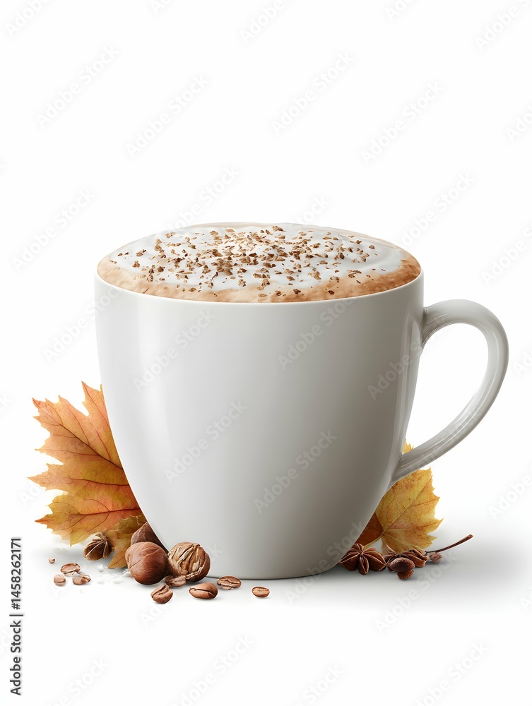 Cool autumn-themed white mug with spicy latte, great for fall drink promos.