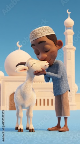 3D Cartoon African Muslim Man Loving His a Goat in Front of Mosque for Eid Al Adha Celebration Festival of Sacrifice.